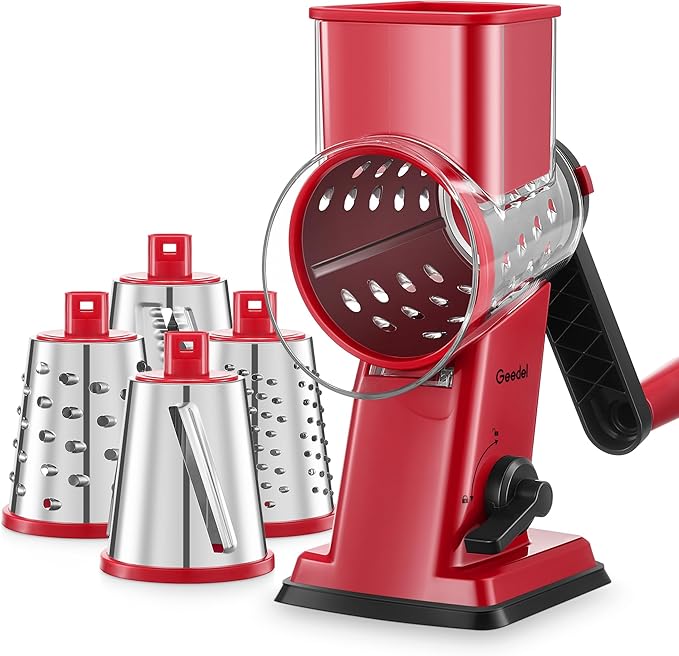 Geedel Rotary Cheese Grater - Upgraded Vegetable Shredder with 4 Interchangeable Blades, Easy to Clean Cheese Shredder with Handle, Kitchen Grater Nuts Grinder for Cutting Cheese, Vegetable, Nuts by Geedel