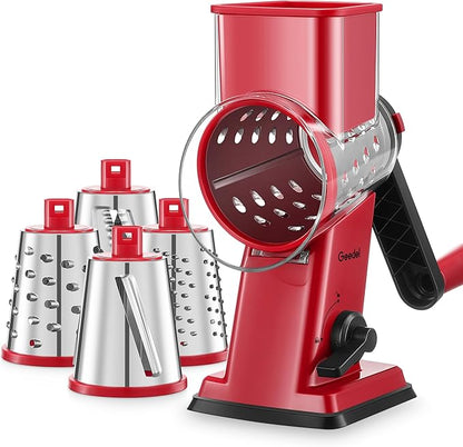 Geedel Rotary Cheese Grater - Upgraded Vegetable Shredder with 4 Interchangeable Blades, Easy to Clean Cheese Shredder with Handle, Kitchen Grater Nuts Grinder for Cutting Cheese, Vegetable, Nuts by Geedel