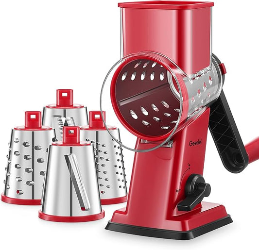 Geedel Rotary Cheese Grater - Upgraded Vegetable Shredder with 4 Interchangeable Blades, Easy to Clean Cheese Shredder with Handle, Kitchen Grater Nuts Grinder for Cutting Cheese, Vegetable, Nuts by Geedel