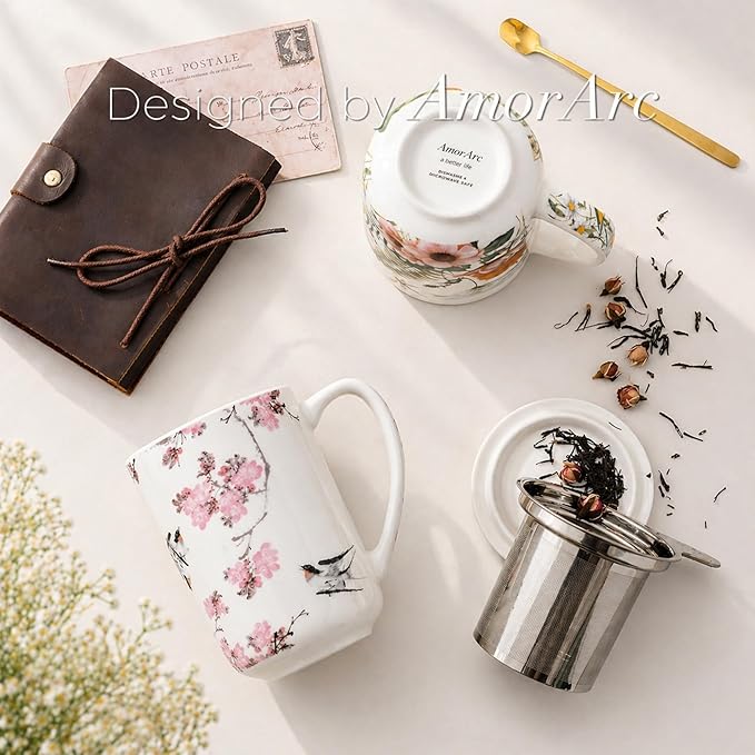 AmorArc Porcelain Tea Mug with Infuser and Lids, 18 Oz Coffee Cup Strainer with Bag Holder for Loose Leaf Tea, Steeping Coffee Mug for House-warming Wedding Birthday Gift