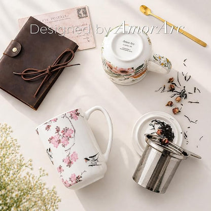 AmorArc Porcelain Tea Mug with Infuser and Lids, 18 Oz Coffee Cup Strainer with Bag Holder for Loose Leaf Tea, Steeping Coffee Mug for House-warming Wedding Birthday Gift