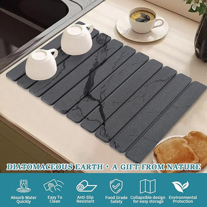 Stone Dish Drying Mat for Kitchen Counter, 24''×15'' Dishes Drying Matt Kitchen Counter, Absorbent Diatomaceous Earth Bath Quick Dry Mats for Tableware, Bottles and Cup(Dark Grey Marble) - Image 4