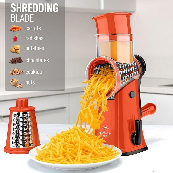 Zulay Kitchen Rotary Cheese Grater 5 Blade Cheese Shredder - Manual Hand Crank Cheese Grater With Reinforced Suction & 5 Interchangeable Drums - Easy to Use, Vegetable Chopper Round Mandoline Slicer - Image 3