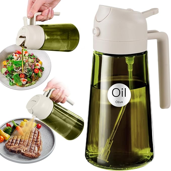 YARRAMATE 16oz/470ml Light-Blocking Dark Oil Sprayer for Cooking, 2 in 1 Olive Oil Dispenser Bottle for Kitchen, Premium Dark Green Glass Oil Bottle, Food-Grade Oil Mister for Air Fryer, BBQ (White) by YARRAMATE
