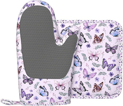 Butterflies Oven Mitts and Pot Holders Set, Cute Kitchen Accessories Heat Resistant to 500°F, Non-Slip Silicone Grips for Baking, Cooking, Grilling, BBQ - Gift Idea