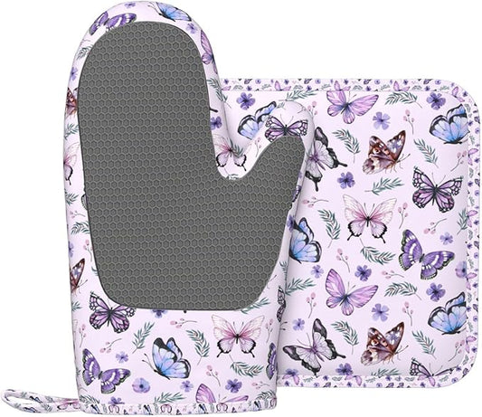 Butterflies Oven Mitts and Pot Holders Set, Cute Kitchen Accessories Heat Resistant to 500°F, Non-Slip Silicone Grips for Baking, Cooking, Grilling, BBQ - Gift Idea