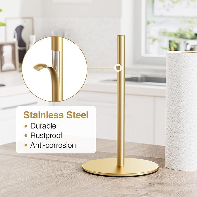 Gold Free-Standing Paper Towel Holder, Premium Stainless Steel Towel Holder for Rolls Organizer, Classic Fashion Roll Dispenser for Kitchen - Image 3