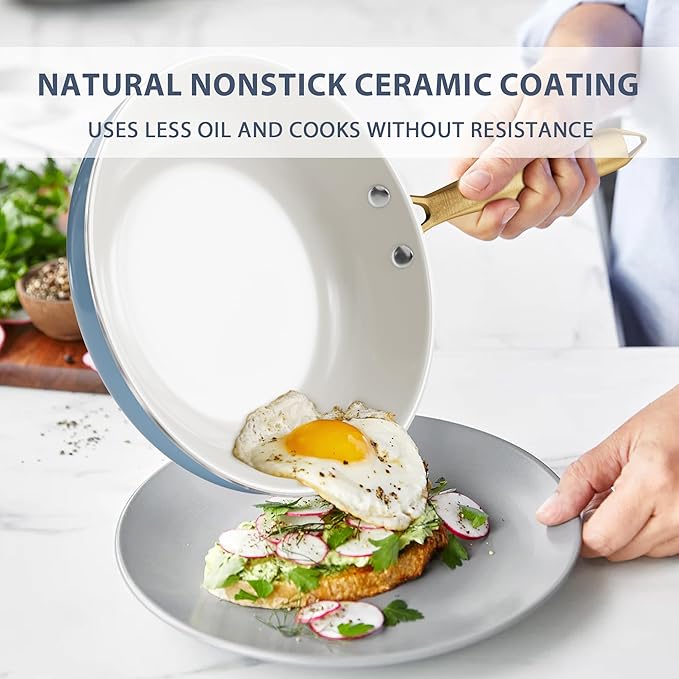 Ceramic Cookware Set, VONIKI 16 Pcs Pots and Pans Set Non Stick, Kitchen Cookware Sets with Cooking Utensils Set, Non Toxic Cookware Set White Gold Pan Set for Cooking Pot Oven & Dishwasher Safe, Gift - Image 3