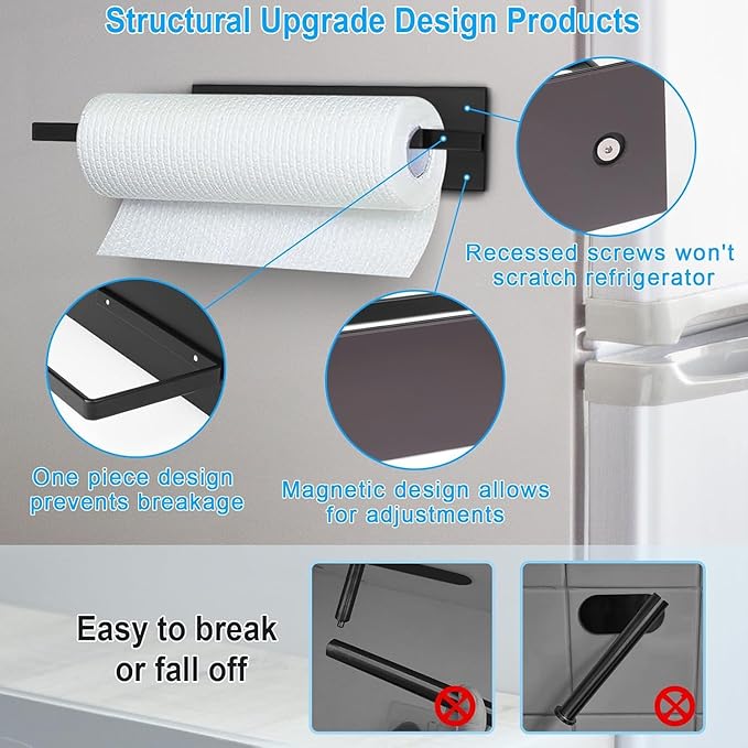 Paper Towel Holder Black, Toilet Paper Roll Holder Magnetic Towel Rack Wall Mount Fridge Organizer Shelf for Towels Rolls Bar Bathroom Toilet Pantry RV Essentials Kitchen Organizers and Storage 2 Pack - Image 7