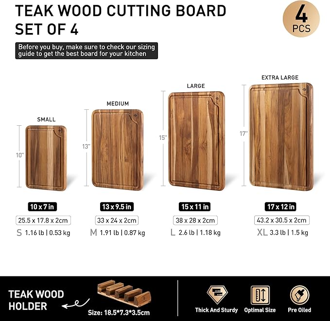 4 Pack Teak Wood Cutting Board Set for Kitchen Heavy Duty Non Toxic Non Slip Solid Thick Wood Haus Chopping Board Extra Large Big Small Meat Best Essential House Warming Hostess Host Gift - Image 3