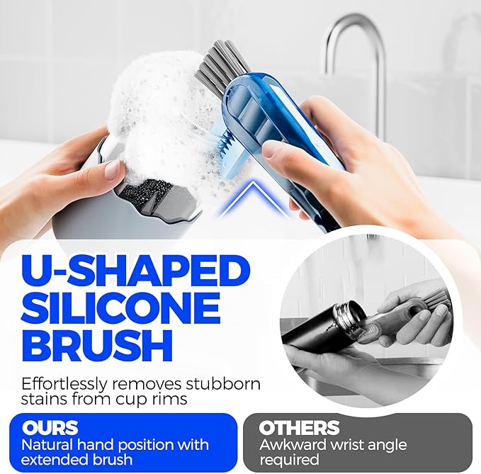 6 Pack Holikme 4 in 1 Cup Lid Cleaning Brush Set with 3 Straws, Multifunctional Bottle Brush, Silicone Cup Lid Gap Cleaner, Durable Bristle Crevice Cleaning Brush, Navy - Image 2