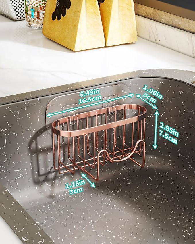 HapiRm Multifunctional Sink Sponge Holder with Unique M-Shaped, 2 Installation Ways Kitchen Sink Caddy, Stainless Steel Kitchen Organizer for Sponge, Brush and Scraper - Rose Gold - Image 5