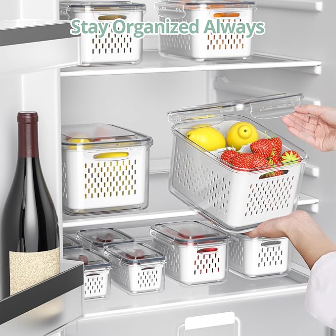 Fruit Storage Containers for Fridge with Removable Colander, 8 Pack Fruit Containers for Fridge with 2 Function Divider Plate, Airtight Storage Container to Keep Berry Fruit Fresh, Dishwasher Safe - Image 5