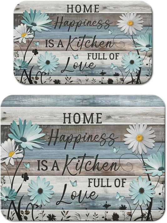 Dish Drying Mat for Kitchen Counter 2 Pack with Non-Slip Rubber Backing - Heat-Resistant Absorbent Coffee Bar Mat, Dish Rack Mat, Sunflowers on Blue Wooden Boards Dish Drying Mats 18x24+19.5x12 inch