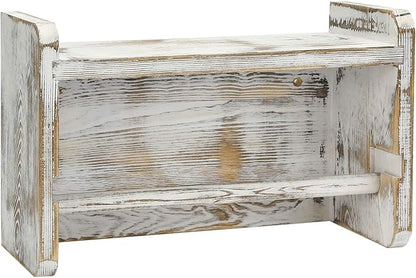 MyGift Farmhouse Paper Towel Holder, Shabby Whitewashed Wood Farmhouse Wall Mounted Kitchen Napkin Dispenser Rack with Top Storage Shelf Spice Racks