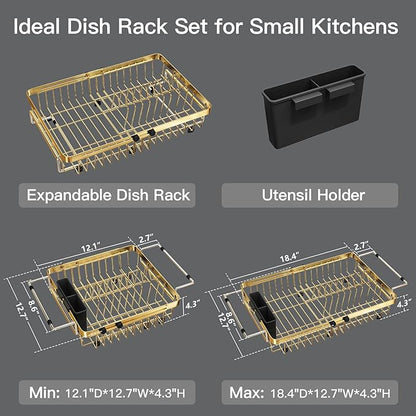 MAJALiS Dish Drying Rack Over The Sink, Expandable Stainless Steel Dish Drainer for Small Kitchen Counter Space Saving, RV Compact Plate Strainer in Gold Metal with Hanging Adjustable Utensil Holder - Image 9