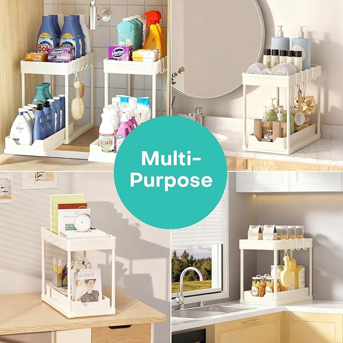 Under Sink Organizers and Storage 2 Pack, Pull-Out Sliding Cabinet Organizer with 2-Tier Storage Shelf & 4 Hooks, Multi-Purpose for Kitchen & Bathroom (13 Inch, White) - Image 7