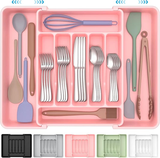 ukeetap Extra Large Expandable Silverware Organizer, BPA-Free Food-Safe Cutlery Flatware Organizer, Kitchen Utensil Drawer Organizer, Adjustable Silverware Holder for Spoons Forks Knives, Pink by ukeetap