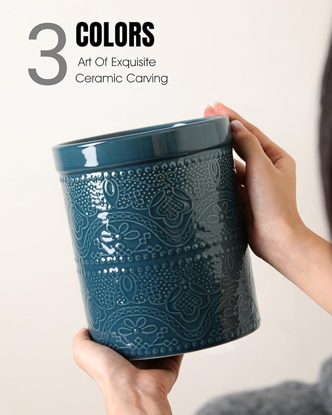 FUN ELEMENTS Kitchen Utensil Holder, 7.2+5.5" Super Large Utensil Crock Heavy and Stable Lace Emboss Ceramic Utensil Holder for Kitchen Counter(2Pcs Grayish Blue) - Image 3