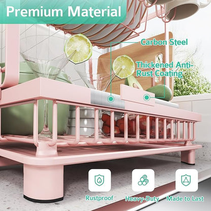 Multifunctional Dish Drying Rack - Rustproof, 2-Tier Dish Racks with Drainboard, Space-Saving Design, Utensil & Cup Holder for Kitchen Counter, Pink - Image 5