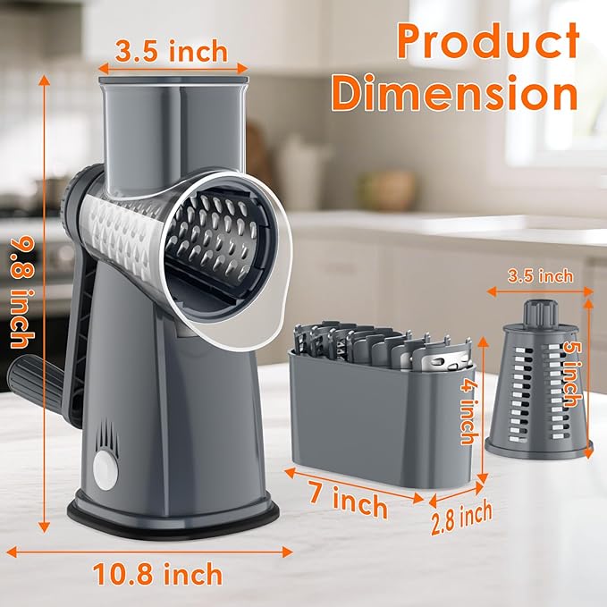 MealHelper 5 Blade Rotary Cheese Grater Hand Crank with Storage Box, Vegetable Chopper, Cheese Shredder for Cheeses, Veggies, Nuts - Easy to Use, Non-slip Suction Base, Gray - Image 9