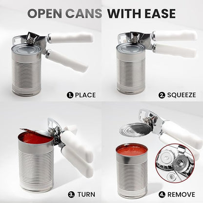 Zulay Kitchen Heavy Duty Stainless Steel Can Opener Manual with Bottle Opener - Rust Proof Manual Can Opener With Turn Knob & Comfy Soft Grip Handles - White - Image 6