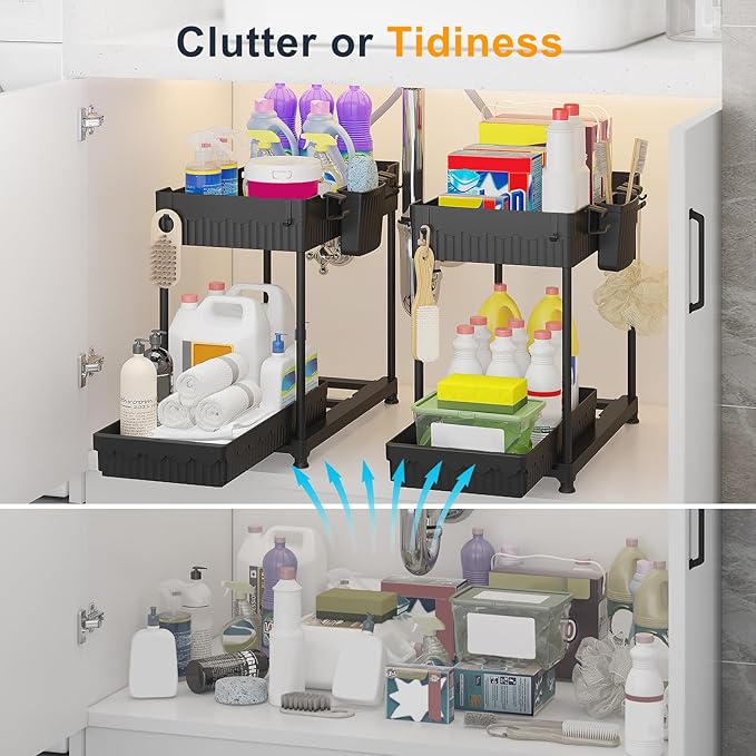 Sevenblue 2 Pack Multi-Purpose Under Sink Organizers and Storage, 2026 Pull Out Cabinet Organizer for Bathroom & Kitchen, Under Cabinet Organizer with Hooks Hanging cup, Black - Image 2