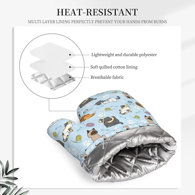 Cute Cat Oven Mitts and Pot Holders Set - Heat Resistant & Non-Slip Silicone Kitchen Gloves for Cooking, Baking, Grilling, BBQ - Fun Kitchen Accessories