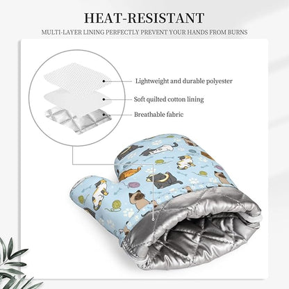 Cute Cat Oven Mitts and Pot Holders Set - Heat Resistant & Non-Slip Silicone Kitchen Gloves for Cooking, Baking, Grilling, BBQ - Fun Kitchen Accessories