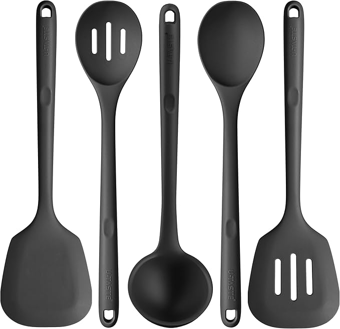 Silicone Kitchen Cooking Utensil Set: U-Taste High Heat Resistant 13.6in Long Kitchen Gadgets, BPA Free Non Stick Rubber Cook Accessories For Stir Frying, Serving, Basting, Mixing (5 Pieces, Black) by U-Taste