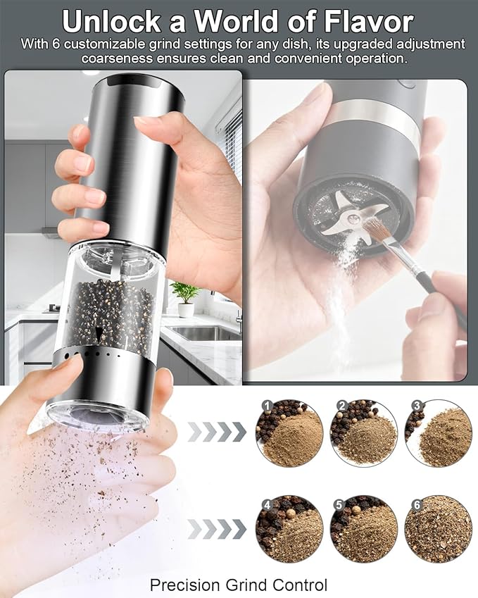 Electric Salt and Pepper Grinder Set - 6 Adjustable Coarseness, One-Handed Operation Design - Automatic Salt and Pepper Shakers with Rechargeable Base, Larger Capacity - for Kitchen, BBQ, Gift