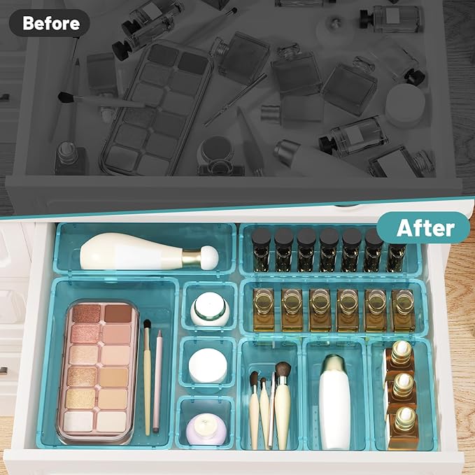 WOWBOX 16 PCS Plastic Drawer Organizer Set, 4 Sizes Desk Drawer Organization and Storage Containers for Makeup, Cosmetics, Jewelry and Gadgets in Kitchen, Bathroom, Bedroom, Office, Clear Sea Blue - Image 5