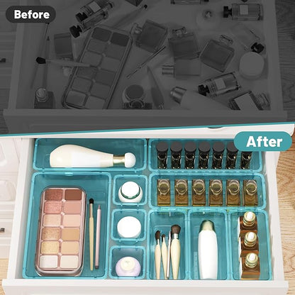WOWBOX 8 PCS Plastic Drawer Organizer Set, 4 Sizes Desk Drawer Organization and Storage Containers for Makeup, Cosmetics, Jewelry and Gadgets in Kitchen, Bathroom, Bedroom, Office, Clear Sea Blue - Image 5