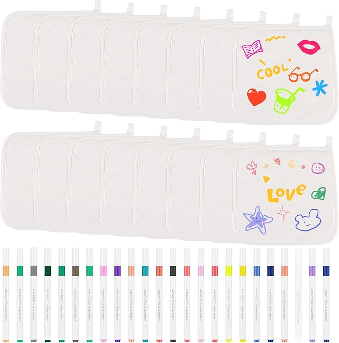 40 Pcs Pot Holder Bulk for Craft Include 16 White Heat Resistant Pot Holders and Oven Mitts with 24 Makers for Kitchen Cooking and Baking Christmas DIY Craft Project Set