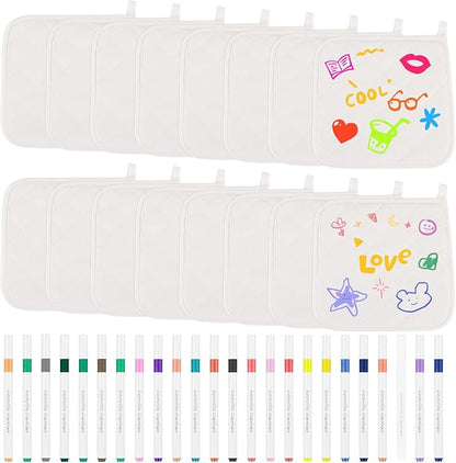 40 Pcs Pot Holder Bulk for Craft Include 16 White Heat Resistant Pot Holders and Oven Mitts with 24 Makers for Kitchen Cooking and Baking Christmas DIY Craft Project Set