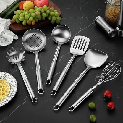 6-Piece Kitchen Cooking Utensils Set, Stainless Steel Kitchen Utensils with Suspendable Handle, Spatula, Slotted Turner, Soup Ladle, Slotted Spoon, Whisk, Pasta Server, Dishwasher Safe - Image 5