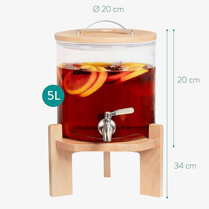 Navaris Beverage Dispenser with Stand - 1.3 Gallon (5L) Glass Drink Dispenser with Stainless Steel Spigot - Drinks Water Parties - Natural Beech Wood