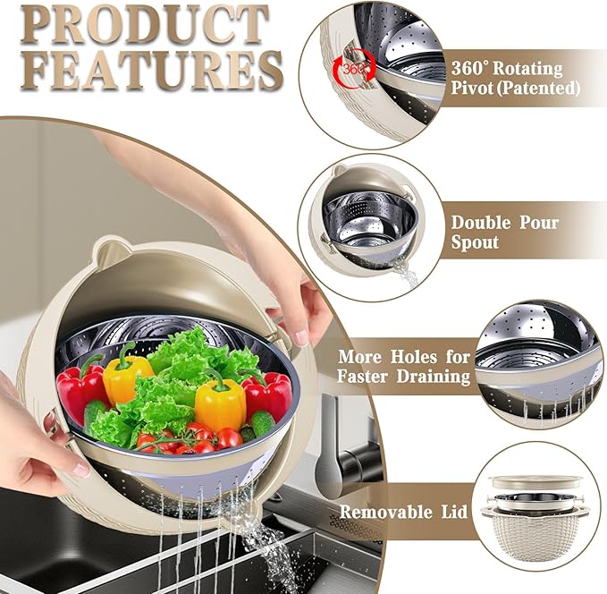 4-1 Colander with Bowl Set - Rotatable Colander for Kitchen (Patented), Upgraded Graters Food Strainers for Pasta Fruits and Vegetables, Funny Presents for Women, Aesthetic Kitchen Gadget - Beige - Image 3