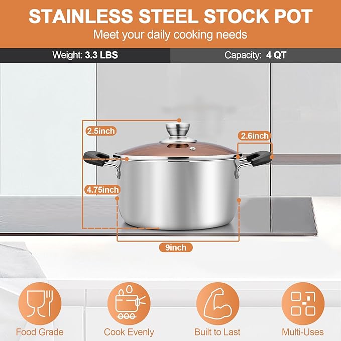 TeamFar Stock Pot 4qt, Stainless Steel Stock Soup Pasta Pot with Lid, Double Heatproof Handles, Non Toxic & Healthy, Easy Clean & Dishwasher Safe - Image 2