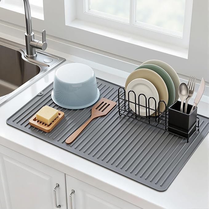 Songrey 28" x 18" Silicone Dish Drying Mat, Kitchen Counter Drying Pad for Sink Dishes or Under Rack, Multi-Use as Heat Resistant Trivet, Coffee Bar Mat - Image 3
