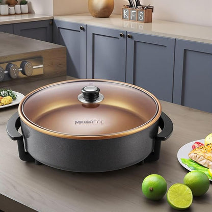 14" Large Electric Skillet with lid, Ceramic Nonstick Coating Electric Frying Pan, 1500W Quick & Even Heating, 5 Adjustable Temperature Control, Tempered Glass Lid & Cool-Touch Handles