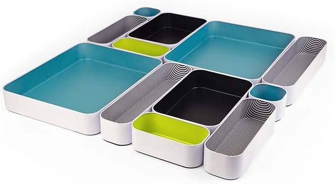 Three by Three Seattle 12 Piece Metal Organizer Tray Set for Storing Makeup, Stationery, Utensils, and More in Office Desk, Kitchen and Bathroom Drawers (2 Inch, Assorted Colors, Stripes) by ThreebyThreeSeattle