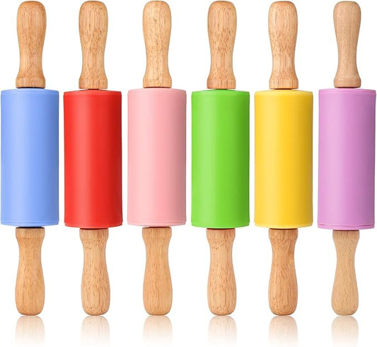 Mini Silicone Rolling Pin for Kids, Non-stick Surface Wood Handle, 9 Inch 6 Pack by Honglida