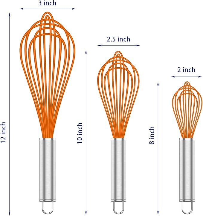 OYV Orange Silicone Whisk, Professional Whisks For Cooking Non-Scratch, Stainless Steel & Silicone Wisk, Plastic Rubber Whisk Tool For Nonstick Cookware Pans, BPA free, Silicon Wisks Set of 3 - Image 6