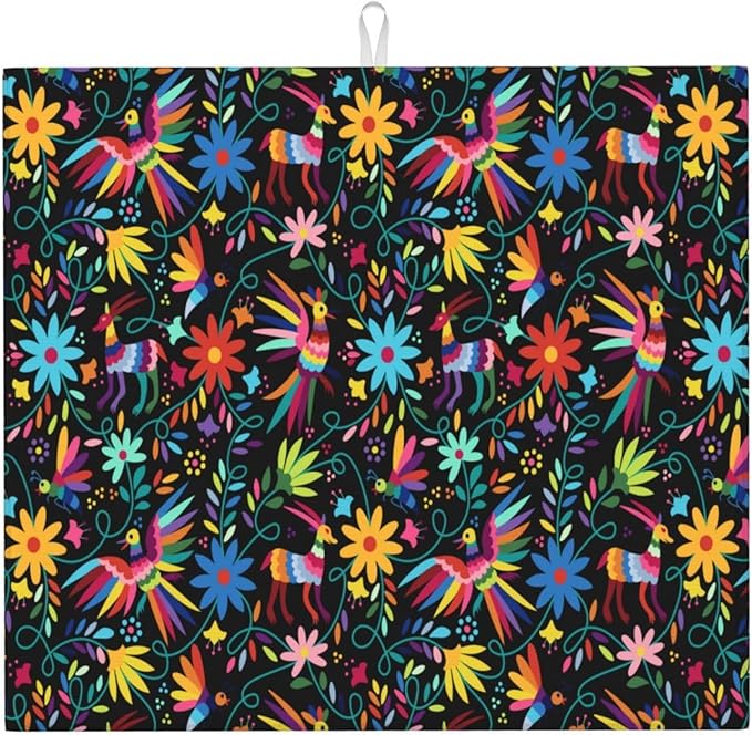 Mexican Folk Art Otomi Dish Drying Mats for Kitchen Counter, Absorbent Microfiber Washable Drying Pad, Decorative Cute Kitchen Mat for Sink & Dining Area, Gifts for Christmas, Home Decor, 16x18 inch