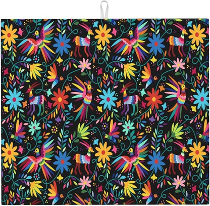 Mexican Folk Art Otomi Dish Drying Mats for Kitchen Counter, Absorbent Microfiber Washable Drying Pad, Decorative Cute Kitchen Mat for Sink & Dining Area, Gifts for Christmas, Home Decor, 16x18 inch