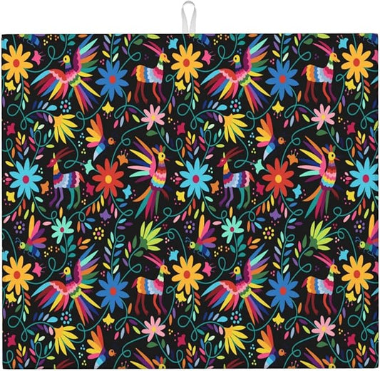 Mexican Folk Art Otomi Dish Drying Mats for Kitchen Counter, Absorbent Microfiber Washable Drying Pad, Decorative Cute Kitchen Mat for Sink & Dining Area, Gifts for Christmas, Home Decor, 16x18 inch