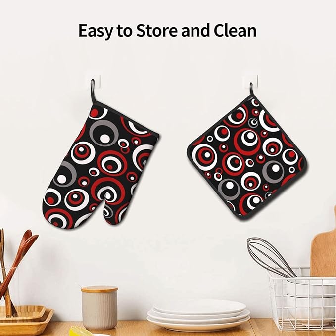 Retro Red Circles Oven Mitt and Pot Holder Set (3-Piece) - Heat Resistant Non-Slip Modern Geometric Gloves Gift for Chef Cooking Baking Grilling BBQ Lovers, Stylish Kitchen Decor, Red White Black Grey - Image 5