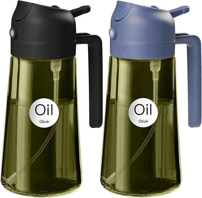 YARRAMATE 2Pcs 16oz/470ml Dark Green Oil Sprayer for Cooking with Stickers, Food-grade Premium 2 in 1 Olive Oil Dispenser Bottle for Kitchen Gadgets, Air Fryer, Salad, Frying, BBQ (Black&Navy) by YARRAMATE