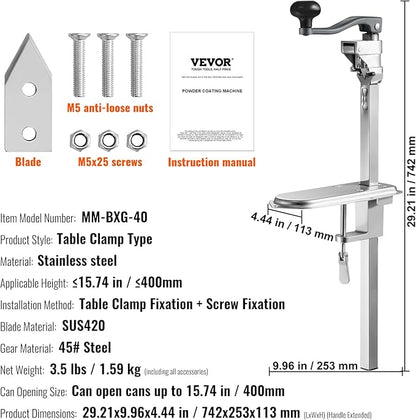 VEVOR Commercial Can Opener, 23.2"/59cm Long, Stainless Steel Manual Table Can Opener for Up to 15.7"/40cm Tall, Fixed with Clamp or Screws, Ergonomic Swing Handle & One Spare Knife, for Restaurants